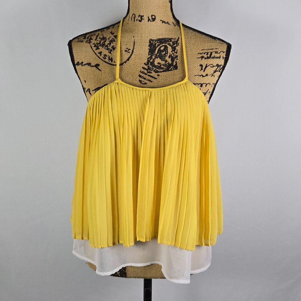 UB Los Angeles Yellow Pleated Halter Top S Layered Sheer Boho Chic Summer Resort